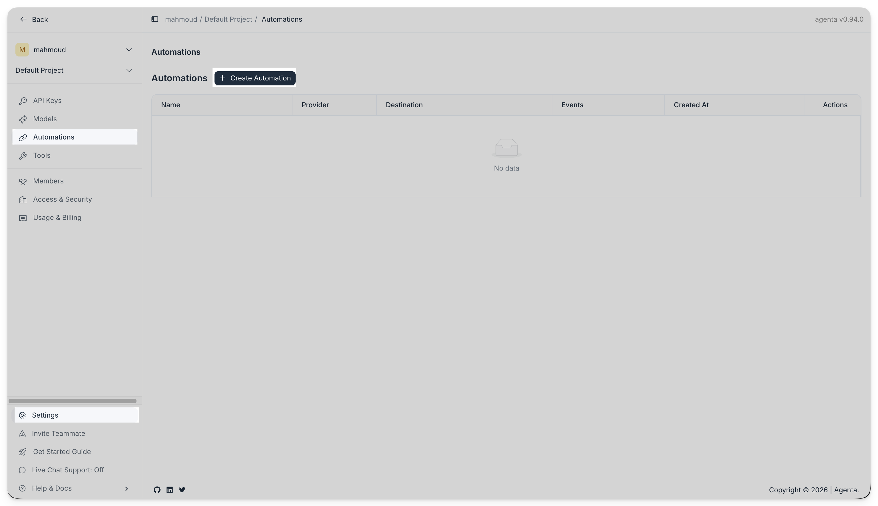 Project settings and automations entry point